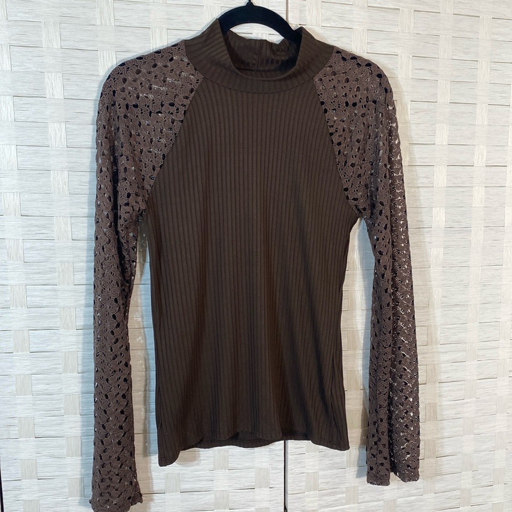 Earthbound Brown Ribbed Mock Turtleneck Mesh/Lace Lightweight Long Sleeve Size M
